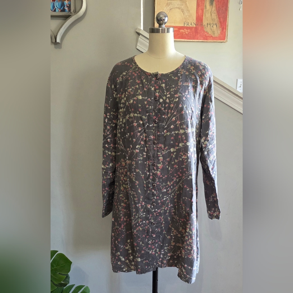 Flax Dress Long Sleeve Floral Button Front Linen Size Small